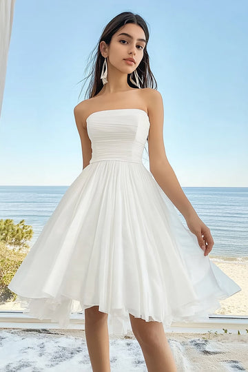 White Tulle A-Line Strapless Midi Graduation Dress